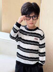 SHEIN 男童日常休闲黑白条纹套头毛衣 - 黑與白 - 查看 2
