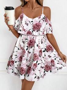 SHEIN Clasi 女士优雅露肩荷叶边短袖休闲/派对迷你连衣裙，粉色和白色，春夏 - 藕粉色 - 查看 1