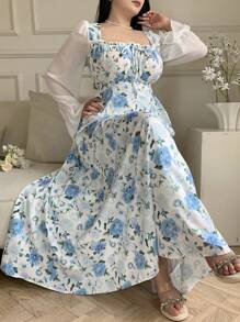 Modelyn Plus Size Women Floral Patchwork Print Long Sleeve Elegant Dress - Multicolor - View 3