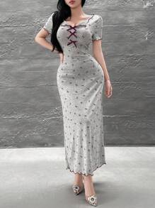 Đầm dài ôm in nơ giản dị cho nữ, mùa hè - Đỏ - Xem 6