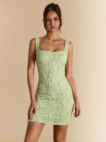SHEIN BAE 女士夏季花卉纹理细肩带方领迷你连衣裙 - 綠色 - 查看 3