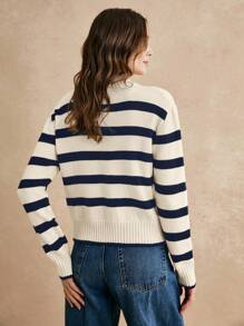 Poéselle Suéter casual de mujer con cuello alto, hombros caídos y mangas largas a rayas para otoño/invierno - Azul Marino - Ver 5