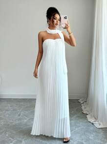 Elenzga Damen Midi-Kleid mit einfarbigem plissiertem Trägerkleid, eleganter Stil