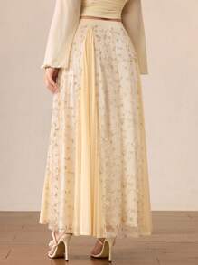 SHEIN MOD Plus Size Women's Embroidered Mesh Patchwork Skirt, Bohemian Style, Music Festival, Vacation, Romantic, Sexy, Elegant, Flowy Skirt, Back To School Clothing, Mesh Skirt, Apricot - Multicolor - View 3