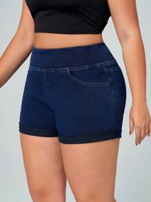Flexra Women's Plus Size Casual Soft Denim Washed Blue Denim Shorts, Summer