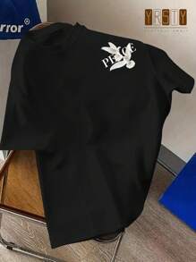 Manfinity Dauomo Men's Casual Street Fashion Black Loose Fit T-Shirt With Pigeon & Letter Print, Summer