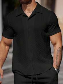 Manfinity Homme Áo sơ mi nam tay ngắn họa tiết trơn thường ngày, mùa hè - màu đen - Xem 4