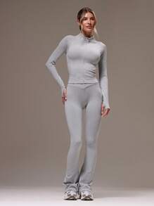 Musera Sport 高领长袖无缝修身拉链运动夹克搭配高腰弹力喇叭紧身裤套装，适合健身、运动、普拉提、瑜伽、健身房等各种场合。 - 灰色 - 查看 3