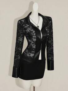 SHEIN ICON Women Lace Long Sleeve Single-Breasted Top And Fitted Midi Skirt Set - Black - View 6