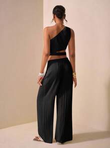 Zivah 2025 春夏新款休闲度假通勤优雅母亲节婚礼派对音乐节俱乐部服装两件套：黑色纹理单肩扭纹细节镂空腰上衣和阔腿长裤带口袋/夏季两件套女士/度假装女士两件套 - 黑色 - 查看 2
