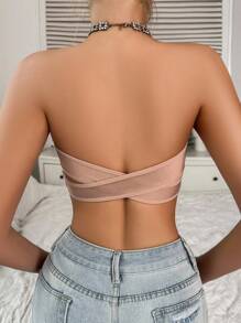 SHEIN 1pc Women's Lace Ruffle Decor Bralette, Wireless - Apricot - View 2