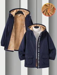 SHEIN 青少年男童字母印花拉链连帽夹克，带保暖内衬，秋冬男童冬季夹克，男童连帽夹克，男童羊毛夹克，儿童冬季外套，男童外套 - 藏蓝色 - 查看 6