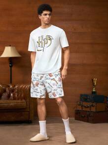 HARRY POTTER X SHEIN 男士夏季字母和卡通猫头鹰印花短袖上衣和短裤睡衣套装 - 白色 - 查看 5