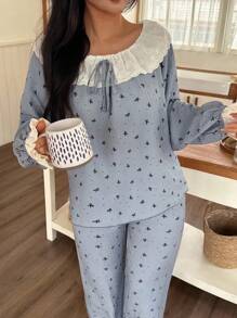 SHEIN 泡泡图案拼布刺绣装饰衬衫和长裤睡衣套装 - 藍色 - 查看 5