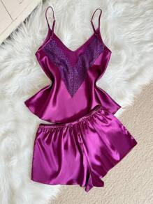 SHEIN 2 件女士性感深 V 吊带背心和短裤睡衣套装，优雅缎面，适合所有季节 - 紫色 - 查看 2