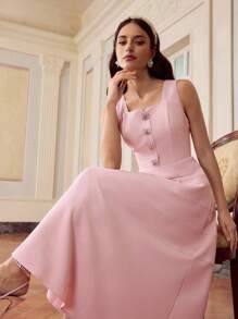 ZEYLAH RHINESTONE FLORAL BUTTON SLEEVELESS DRES,VALENTINE'S DAY OUTFIT, FULL DRESS, FIT AND FLARE - Pink - View 2