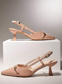 SHUZIA 女士 Pat Nude 建筑感露跟高跟鞋 | 酒红色中底和装饰艺术风格的搭扣 | 雕刻小猫跟高跟鞋，适合会议室和烛光晚餐 - 米色 - 查看 2