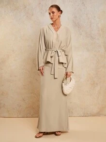 COSMINA 2pcs/Set Women Elegant Belted Long Dress For Early Autumn