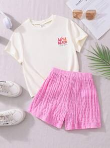 Set de 2 piezas para niñas preadolescentes: Camiseta corta estampada con la palabra "ALOHA" + Pantalones cortos de playa con contraste, conjunto informal y deportivo de corte holgado