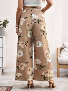 SHEIN Maternity Floral Print Comfortable Elegant Wide Leg Pants With Frill Trim - Khaki - View 2