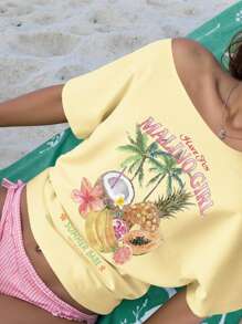 INAWLY Women's Fruit & Coconut Pattern Loose Shoulder T-Shirt, Cream Color Asymmetrical Neck Top For Beach & Vacation