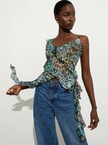Aveloria Modichic Tropical Fantasty Green Leopard Ruffle Trim Asymmetric Spaghetti Strap V-Neck Sleeveless Blouse, Multi-Layer Drape Ruffle, Music Festival Party Fierce Sexy Cami Tops For Ladies