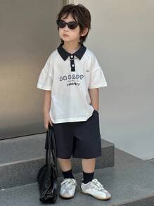 Dazy Kids Toddler Boys 2pcs Set - Letter Print Polo Shirt + Shorts, Autumn Outfit - White - View 5
