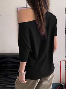 INAWLY 女士休闲字母印花不对称领 T 恤图案 T 恤女士上衣 - 黑色 - 查看 2