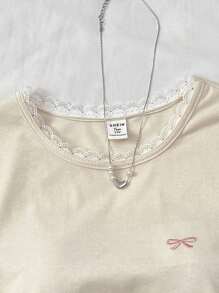 少女针织圆领蝴蝶结撞色刺绣侧腰褶皱设计短袖T恤，夏季