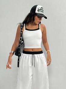 SHEIN 2pcs/Set Teens Street Style Casual All-Match Versatile Sports Fake 2-In-1 Tank Top + Contrast Trim Loose Pants Set - Black and White - View 7