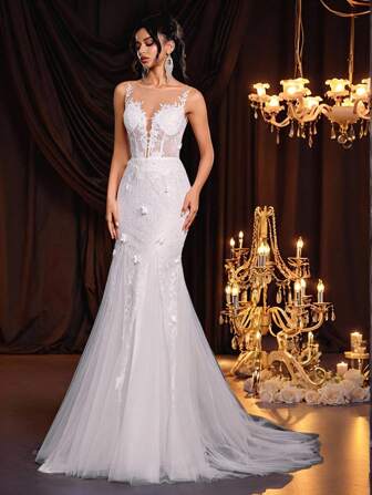 Glamrae Elegantes, luxuriöses romantisches Brautkleid mit Spitze-Patchwork-Applikation, transparentem offenem Rücken