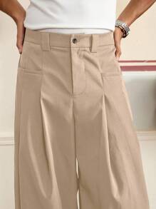 SWAVVY 男士梭织休闲日常青年宽松直筒纯色裤子，秋季 - 卡其色 - 查看 6