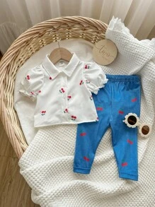 Baby Girl Summer Cute White Cherry Pattern Shirt And Pants Set - Multicolor - View 3