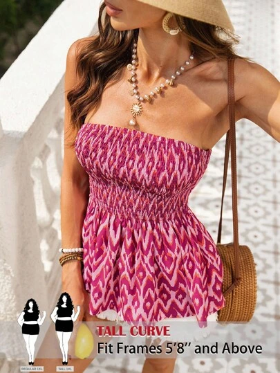 SHEIN Tall CURVE Plus Size Vacation Geometric Print Sleeveless Tank Top For Women,Tube Top, Wearable In All Seasons