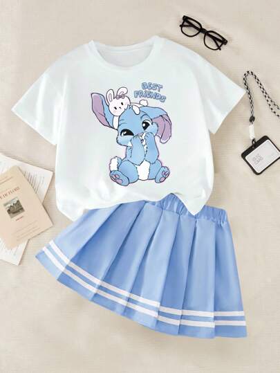 SHEIN Explorewe 2 件套幼儿女童休闲可爱动漫猫咪印花 T 恤和粉色百褶裙两件套