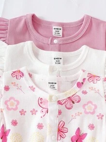 SHEIN Playful Pals 3 件套女婴休闲可爱蝴蝶印花盖袖连体衣和松紧腰短裤，配发带