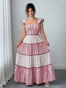 Elenzga Plus Size Women Ruffle Strap Square Neck Sleeveless Print Dress - Multicolor - View 3