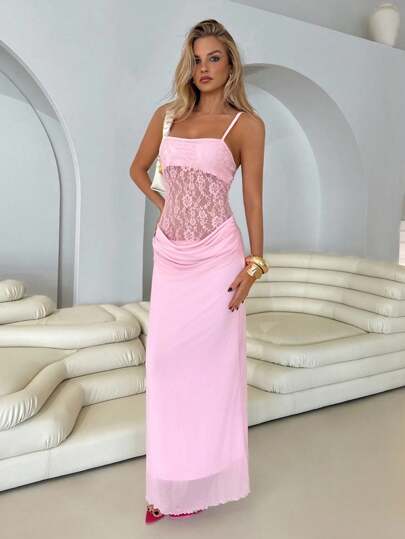 Roylia Women's Elegant Sexy Party Spaghetti Strap Solid Color & Lace Trim Long Knitting Dress, Pink