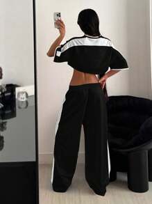 StreetHx 2pcs/Set Women's Print Color Block Cropped Top + Sweatpants Set - Black and White - View 2