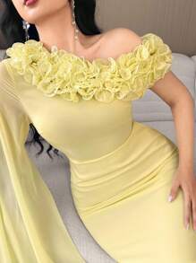 Feyla Women's Elegant Exaggerated Ruffle Asymmetrical Shoulder Split Dress - Yellow - View 7