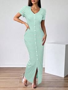 Firerie Vestido de manga corta elegante a rayas para el trabajo diario