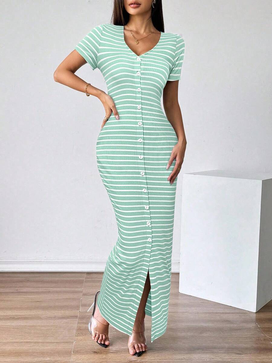 Firerie Vestido de manga corta elegante a rayas para el trabajo diario