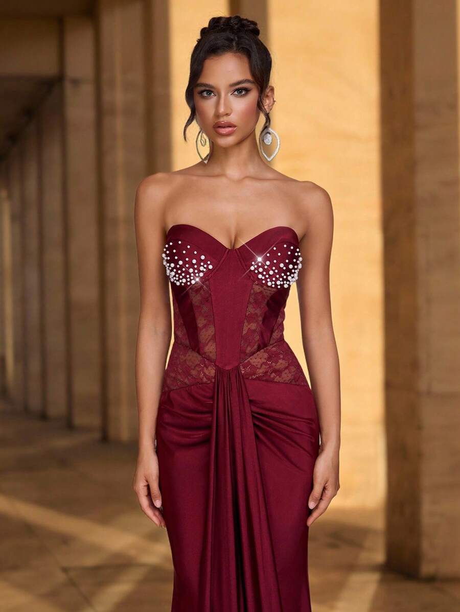 Glamrae Elegante, lujoso y sexy vestido largo de gasa con parche de encaje elástico, drapeado, de estilo sirena, adecuado para boda, fiesta, discoteca, vacaciones, vestido de gala (de gran resistencia) - Burdeos - Ver 1