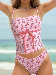 Swim Mod 女式新款碎花可爱性感修身细肩带背心，配蝴蝶结肩带和三角比基尼泳裤，夏季沙滩泳衣套装