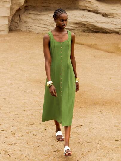 Lumivelle Women's Summer Vacation Linen Square Neck Fitted Long Dress