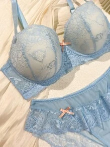 DelicateAllure Plus 2PCS Cute Baby Blue Push Up Lace Lingerie Set With Delicate Plant Pattern And Bow Accents Butterfly Lingerie Set, Lift