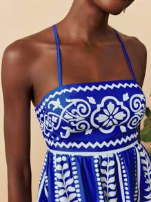 Travachic Damen Sommer Urlaub blau & weiß Allover-Muster Mini-Slip-Kleid