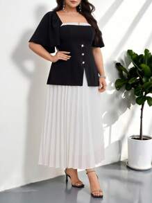 Modelyn Vestido de manga corta con cuello cuadrado de unicolor para tallas grandes, moda de verano - Blanco y Negro - Ver 8