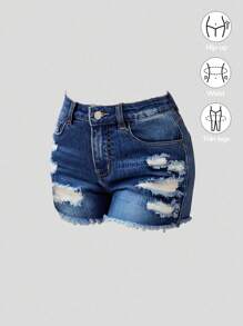 SHEIN Girlism Tween Girl Spring Summer Boho Blue Washed High Waist Denim Ripped Elastic Skinny Denim Shorts With Raw Hem, Summer Brunch Graduation,Vacation Beach Casual Holiday,Country Concert/Rave - Medium Wash - View 1