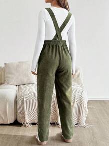 SHEIN 孕妇休闲纯色贴袋直筒连体裤 - 軍綠色 - 查看 2